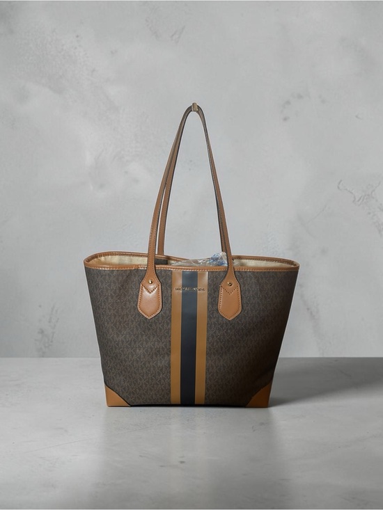 Michael Kors Handbags - Michael Kors Eva Large Signature Logo Stripe Tote Bag Brown Acorn Travel Carryal